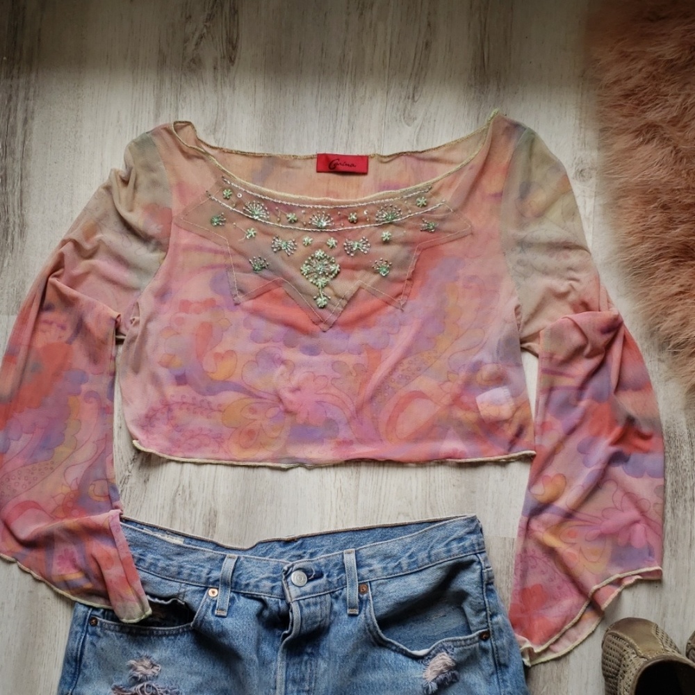 MOVING SALE Vtg 90s Pink Paisley Mesh crop